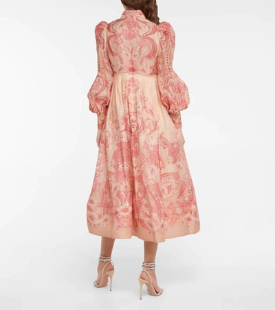 Shop Zimmermann Concert Poppy Linen And Silk Midi Dress In Pink Nouveau