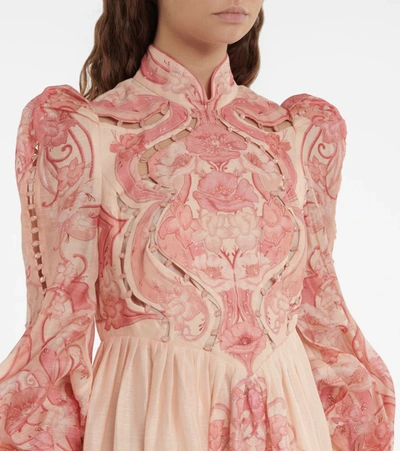 Shop Zimmermann Concert Poppy Linen And Silk Midi Dress In Pink Nouveau
