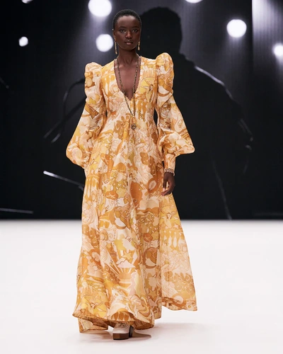 Shop Zimmermann Tempo Printed Silk And Linen Gown In Honey Collage