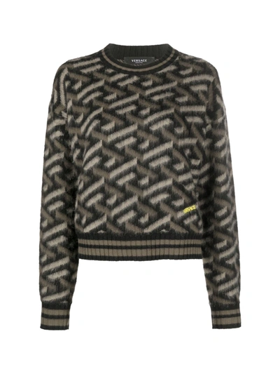 Shop Versace Jacquard Sweater In Black Khaki