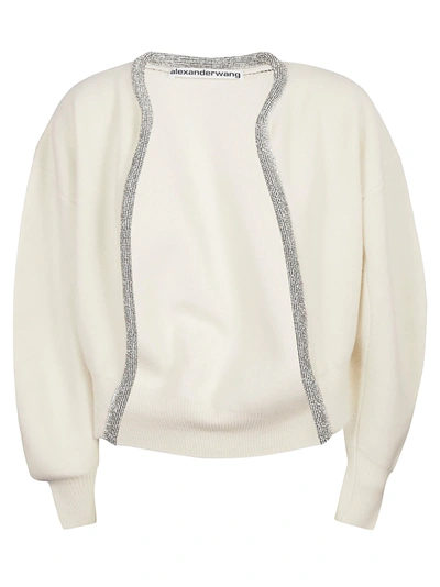 Shop Alexander Wang Crystal Tubular Necklace Cropped Cardigan In Ivory