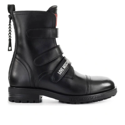 Shop Love Moschino Black Combat Boot With Straps In Nero