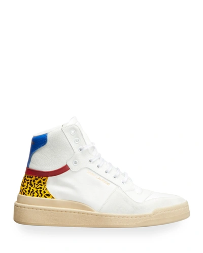 Shop Saint Laurent Men's Sl 24 Colorblock Mid-top Sneakers In 4062 White Mult