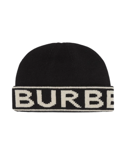 Shop Burberry Logo Knit Cashmere Beanie Hat In Black