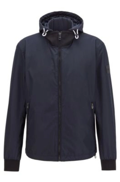 Shop Hugo Boss Blouson-style Jacket In Laminated Fabric With Detachable Hood- Dark Blue Men's Casual Jackets Size 4