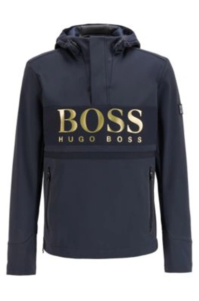 Shop Hugo Boss Water-repellent Hooded Jacket With Large-scale Logo Print- Dark Blue Men's Casual Jackets Size M