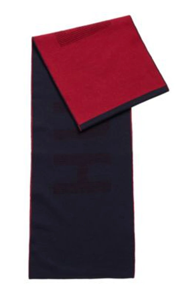 Shop Hugo Boss - Two Colored Scarf In Virgin Wool With Logo Intarsia - Dark Blue