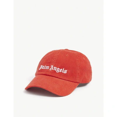 Shop Palm Angels Mens Red White Logo-embroidered Cotton-corduroy Baseball Cap