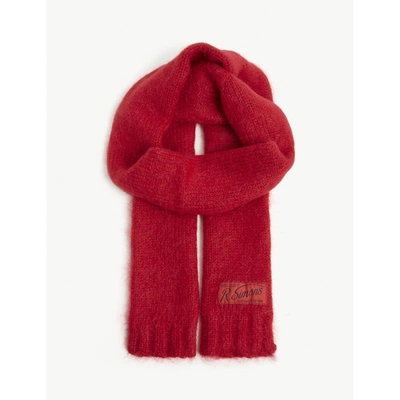 Shop Raf Simons Womens Red Logo-patch Mohair-blend Scarf 1 Size