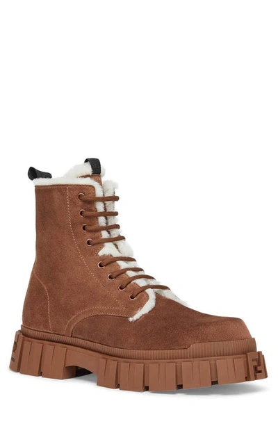 Shop Fendi Force Shearling Lined Suede Boot In Brown