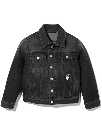 Shop Off-white Kids Faded Black Denim Jacket With Logo And Arrows
