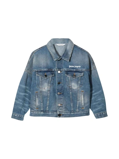 Palm Angels Blue Denim Jacket With White Print In Blu/bianco