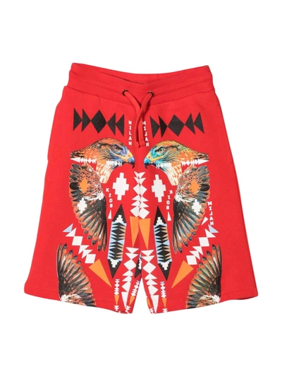 Shop Marcelo Burlon County Of Milan Red Bermuda Shorts With Multicolr Print In Multicolor
