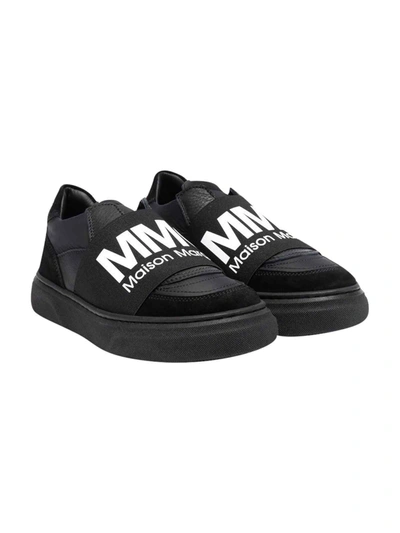 Shop Mm6 Maison Margiela Black Sneakers With Frontal Logo Press And Round Tip Moschino Kids