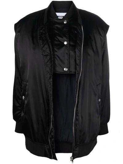 Shop Msgm Slogan-print Zip-up Layered Bomber Jacket In Black