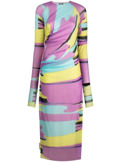 Shop Msgm Printed Ruched Maxi Dress In Purple