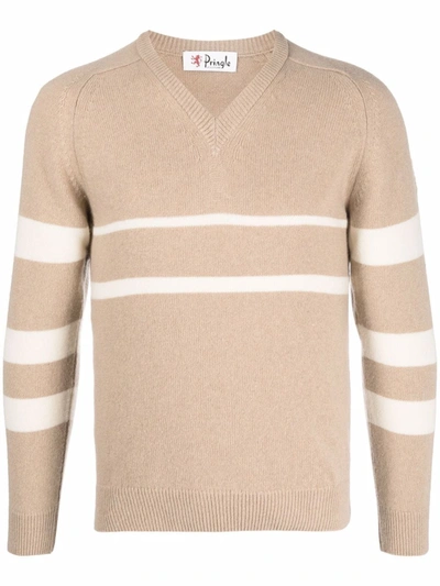 Pringle Of Scotland Stripe-pattern V-neck Sweater In Brown