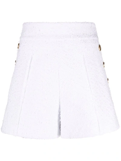 Shop Balmain Embossed-button Tweed Shorts In White