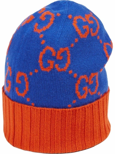 Shop Gucci Gg Knit Wool Hat In Blue