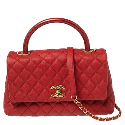 Pre-owned Red Lizard Embossed And Caviar Leather Small Coco Top Handle Bag
