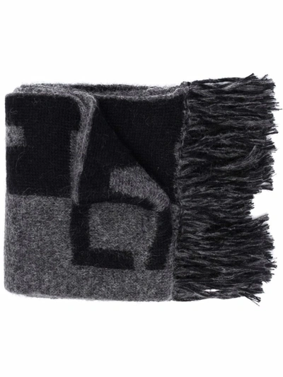 Shop Saint Laurent Dark Grey Split Logo Scarf In Black