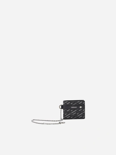 Shop Versace Wallet With Chain With All-over Greek Motif In Black, Grey