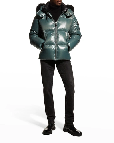 Shop Mackage Men's Kent Fur-trim Hooded Puffer Coat In Graphite