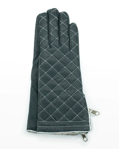 Shop Portolano Diamond Quilted Cashmere-lined Zip Gloves In Iron Gry/silver