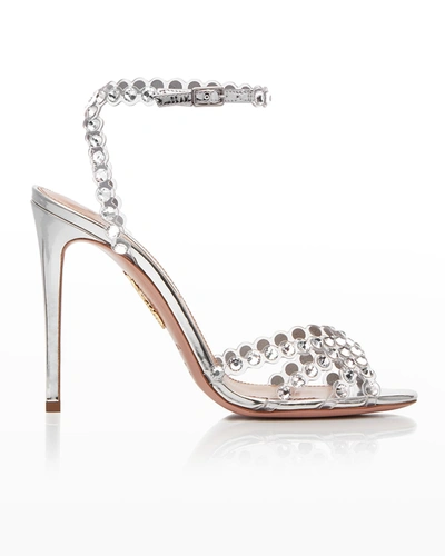 Shop Aquazzura Tequila Crystal Ankle-strap Cocktail Sandals In Silver