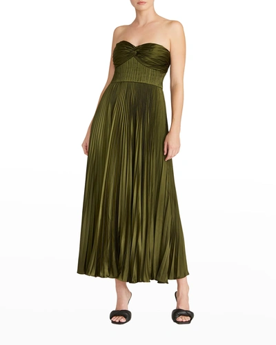 Shop Amur Ruched Bustier Pleated Ankle Dress In Olive