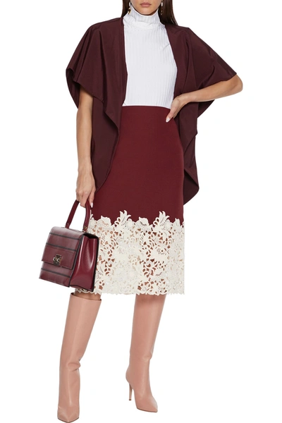 Shop Valentino Guipure Lace-paneled Wool And Silk-blend Twill Skirt In Brick