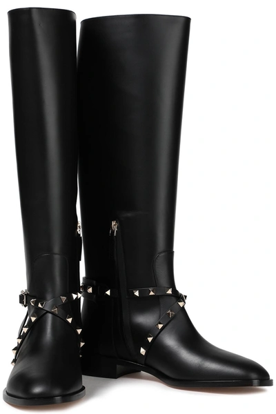 Shop Valentino Rockstud Leather Knee Boots In Black