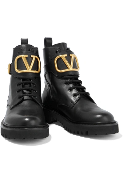 Shop Valentino Vlogo Embellished Leather Combat Boots In Black