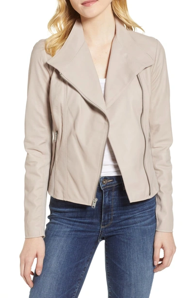 Shop Andrew Marc Felix Leather Moto Jacket With Knit Panels In Cement