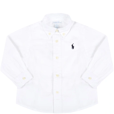 Shop Ralph Lauren White Shirt For Bebè Boy With Blue Iconic Pony