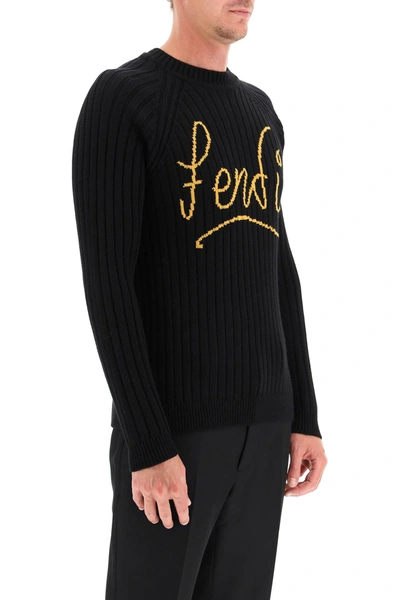 Shop Fendi Jacquard Logo Sweater In Black,yellow