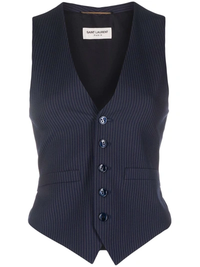 Shop Saint Laurent Pinstripe-pattern V-neck Vest In Blau