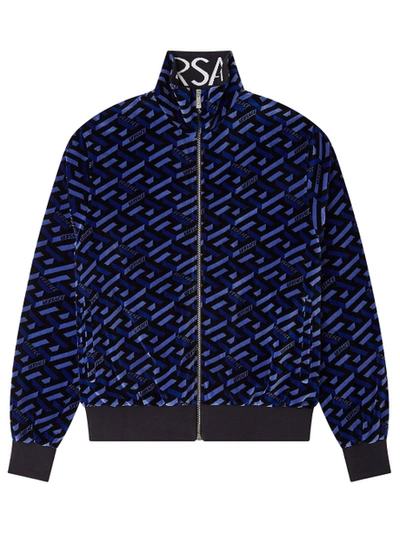 Shop Versace La Greca Print Chenille Sweatshirt Blue And Black