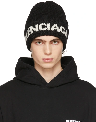 Shop Balenciaga Black Logo Beanie In 1070 Black/white