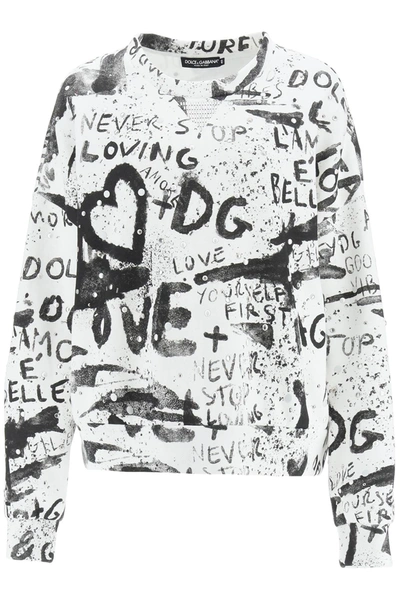 Shop Dolce & Gabbana Dg Graffiti Sweatshirt With Studs And Pearls In Graffiti Nero F Bco (white)