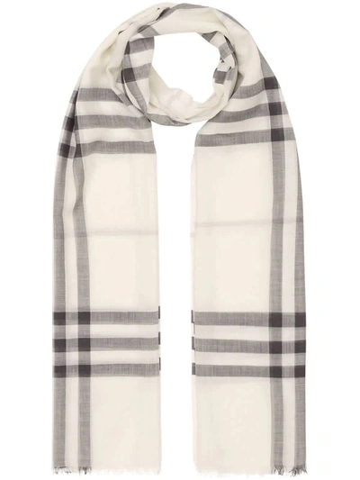 Shop Burberry Unisex Lightweight Check Wool Silk Scarf In White/light Grey In Grey,white