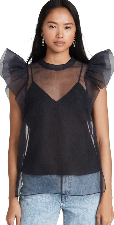 Shop Jonathan Simkhai Corina Organza Ruffle Sleeve Crew Neck Top In Black