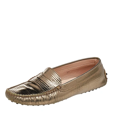 Pre-owned Tod's Metallic Bronze Lizard Embossed Leather Penny Loafers Size 37
