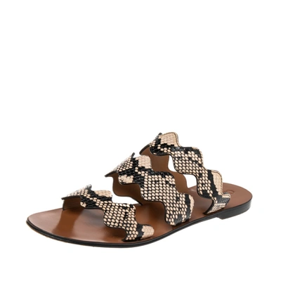 Pre-owned Chloé Two Tone Python Embossed Leather Lauren Strappy Flat Sandals Size 39 In Brown