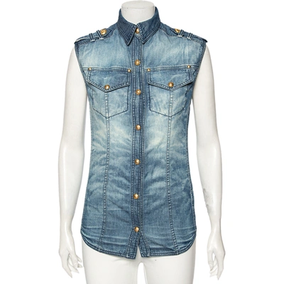 Pre-owned Balmain Blue Faded Effect Denim Pocket Detailed Button Front Sleeveless Shirt S