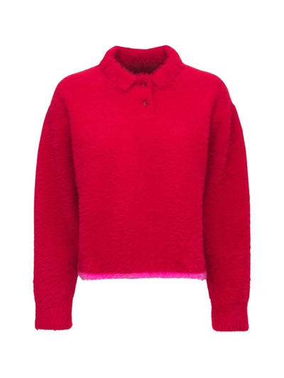 Shop Jacquemus Neve Long Sleeve Polo Shirt In Red