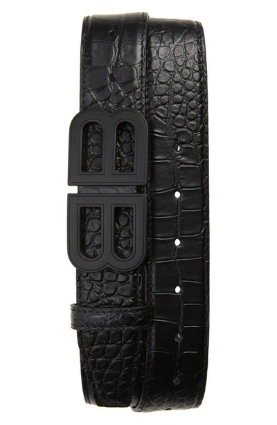 Shop Balenciaga Hourglass Logo Buckle Croc Embossed Leather Belt In Black