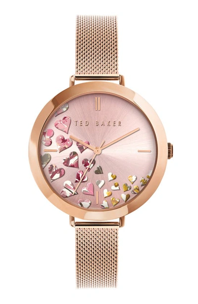 Shop Ted Baker Ammy Hearts Mesh Strap Watch, 37.5mm In Rose Gold