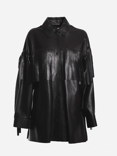 Shop Golden Goose Leather Jacket With Fringes In Black