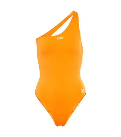 Shop Off-white Logo One-shoulder Swimsuit In Orange